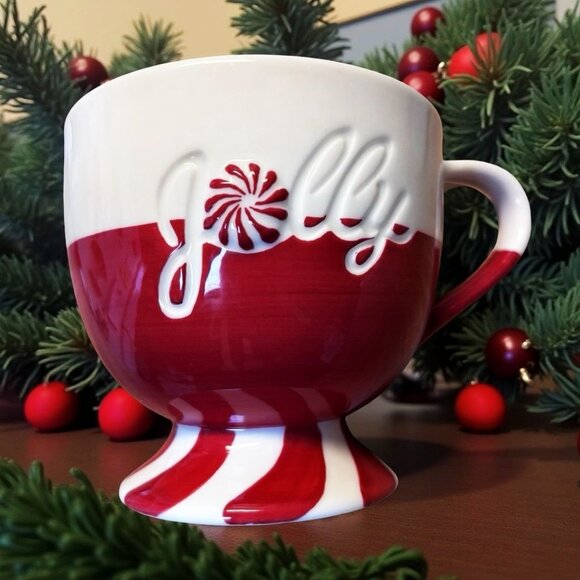 STARBUCKS 2007 Red White Footed Mug Peppermint Candy Cane Design Gift for Her - Picture 2 of 6